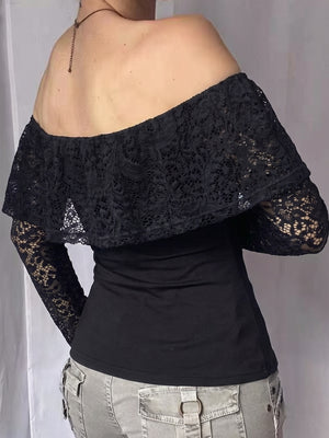off-shoulder top in Black with lace and lace
