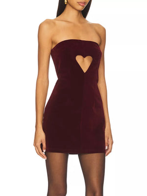 Wine red velvet mini dress with strapless neckline and heart cutout detail