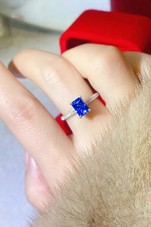 Emerald cut sapphire ring with pave band in sterling silver