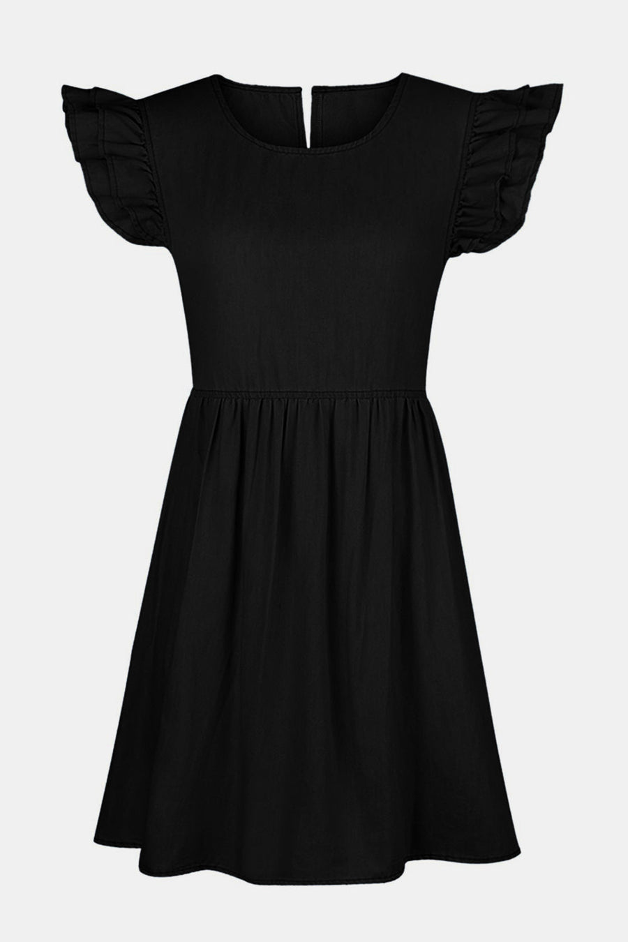 Black denim babydoll dress with ruffled short sleeves and a gathered waist.