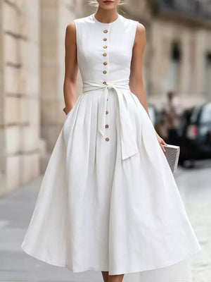 White Sleeveless Button-front Belted Midi Dress Plus Size