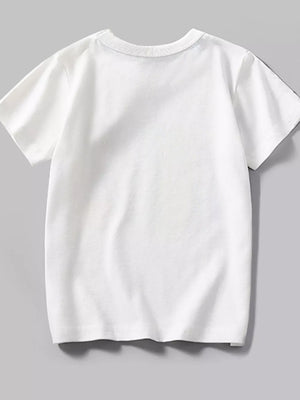 White crew neck t-shirt with short sleeves and a relaxed fit.