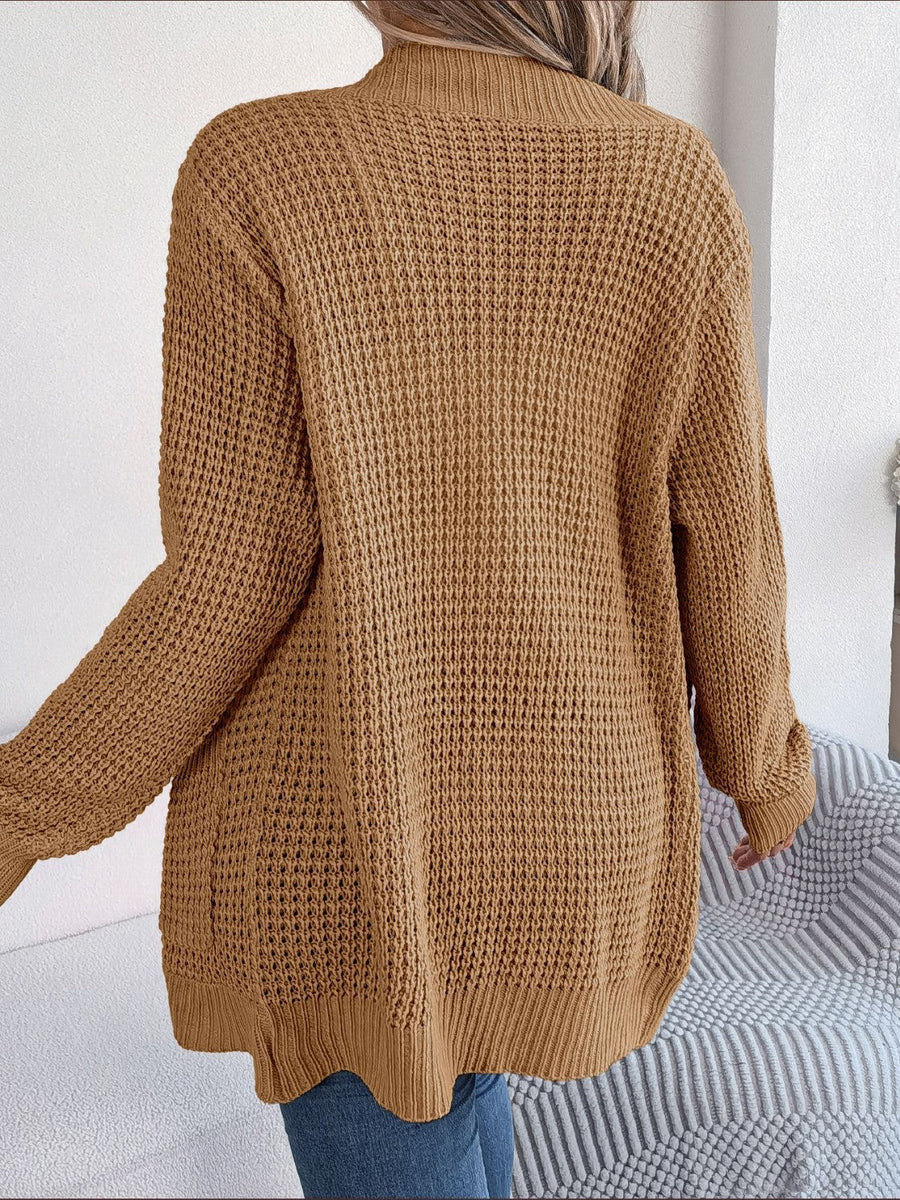 Caramel textured knit open-front cocoon cardigan with long sleeves and ribbed hem.