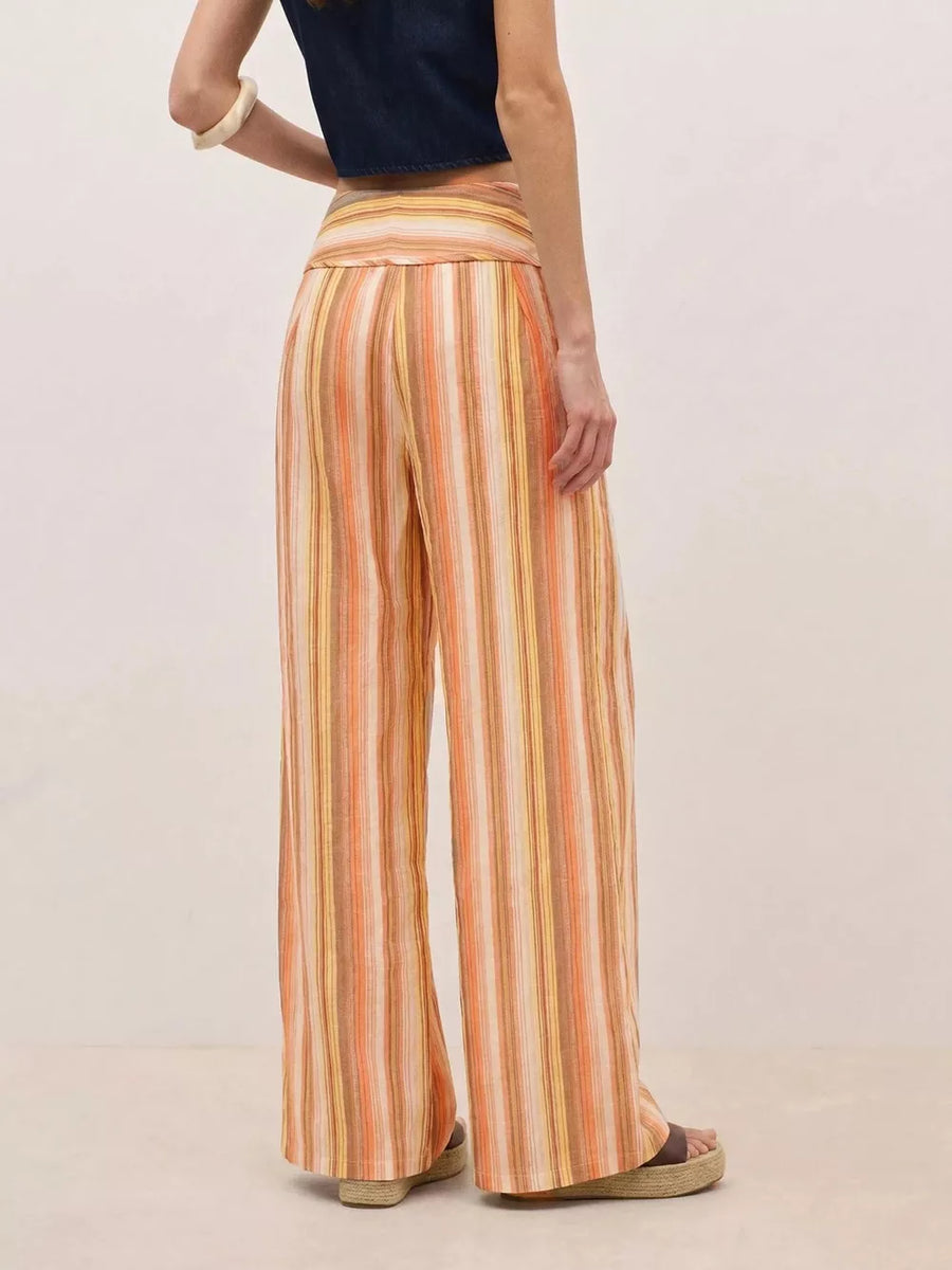 Brown Striped Wide-leg Pants With Tie Waist