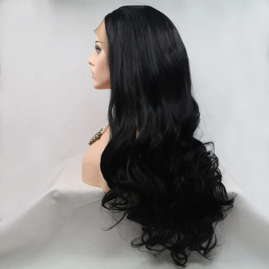 Black lace front wig with long, wavy hair styled on a mannequin head.