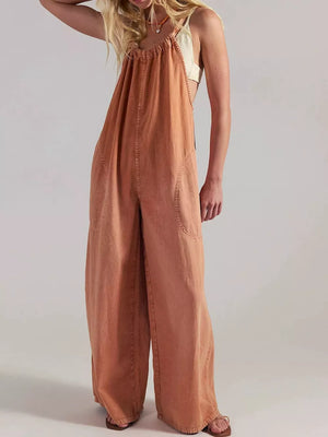 Orange loose jumpsuit with round neck
