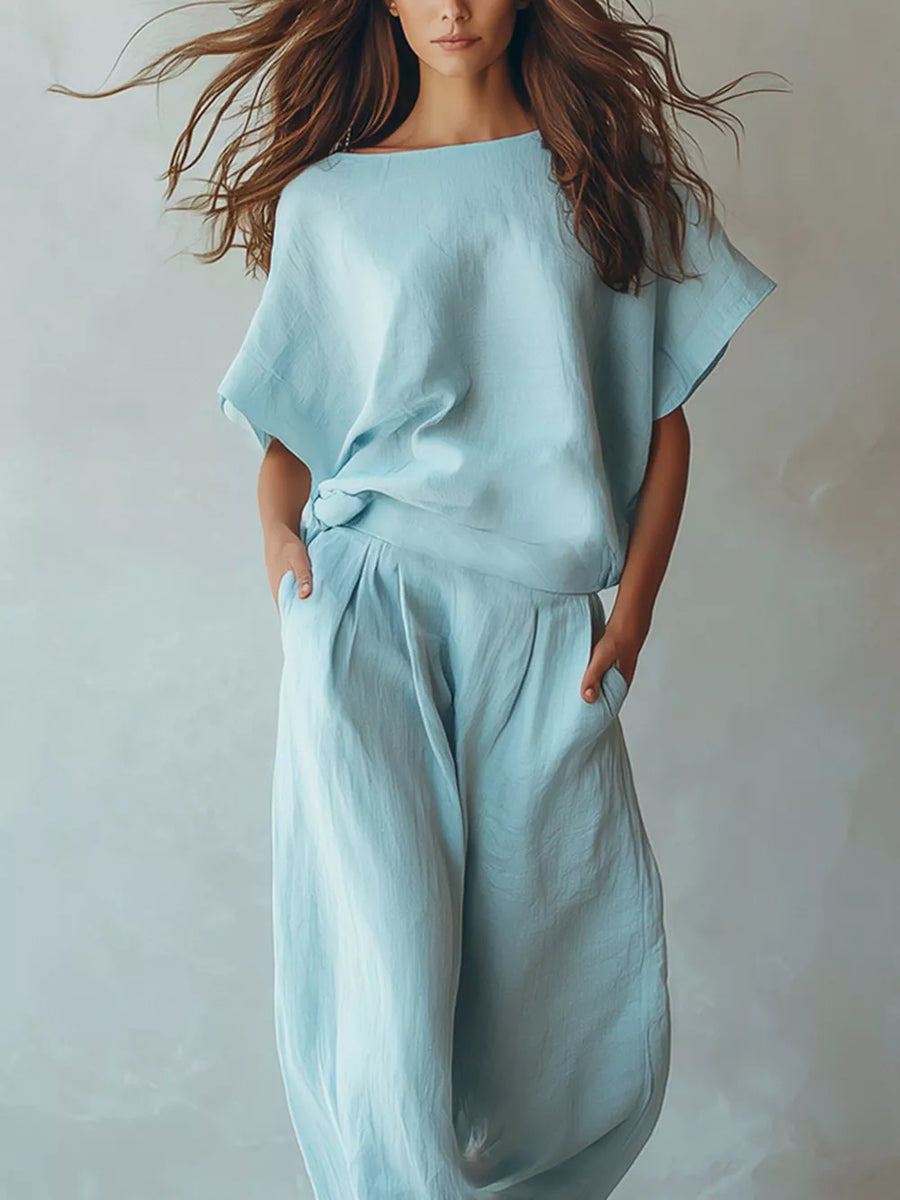 modern two-piece set in Dusty Pink with boat neck