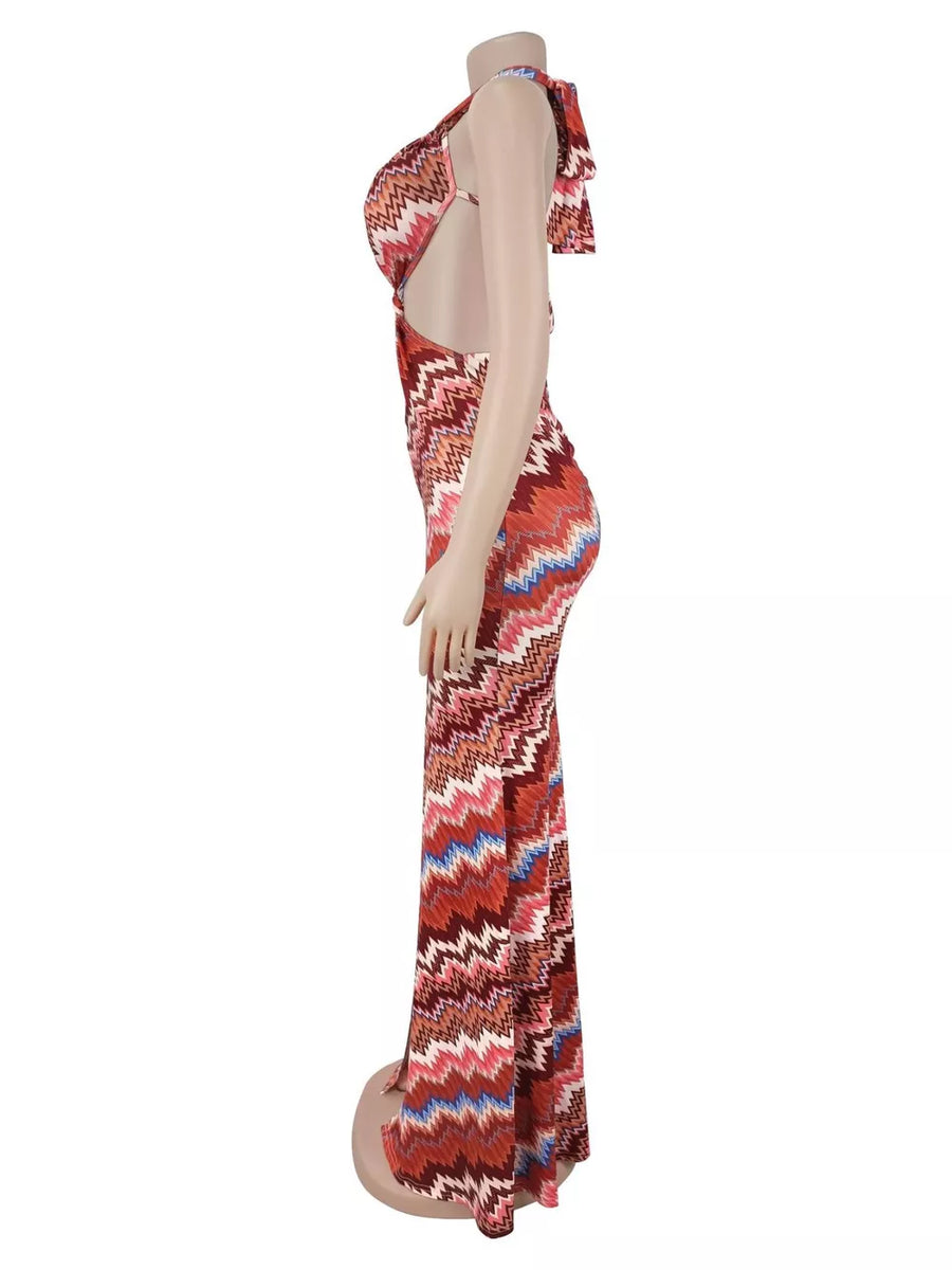 maxi dress in orange with chevron and cutout