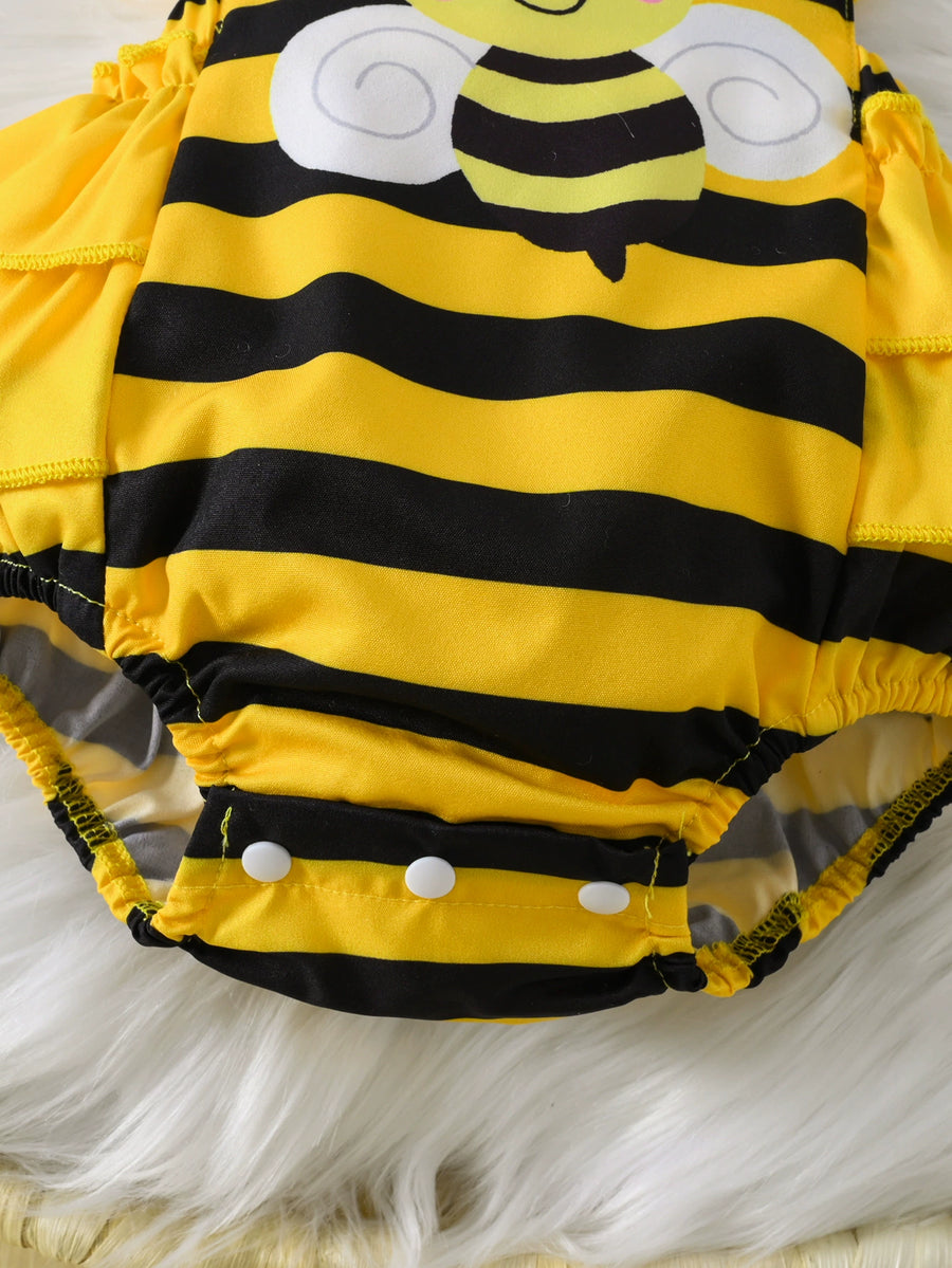 Baby bee striped bodysuit dress with ruffles and snap closure.