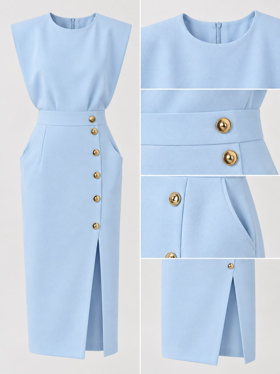 Sleeveless Midi Bodycon Dress With Gold Buttons in Blue