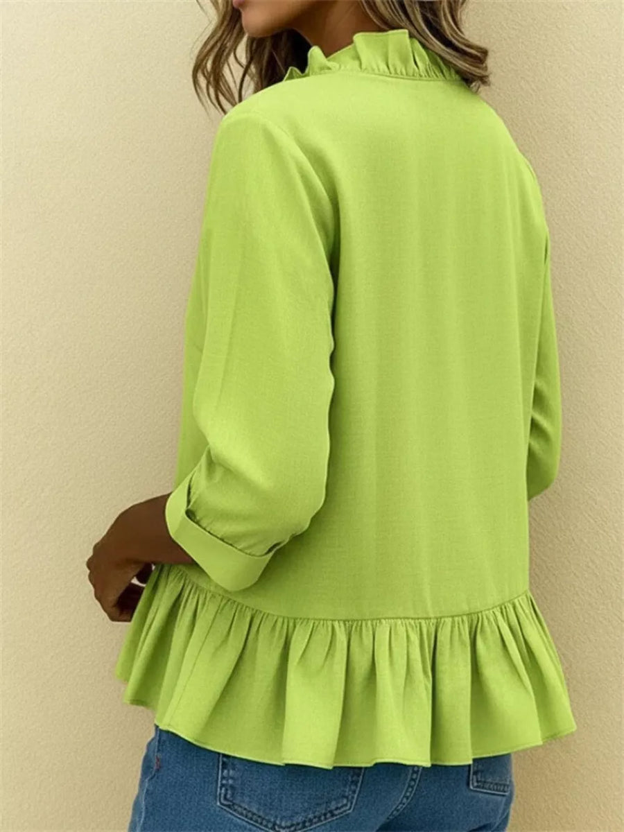 blouse in White with ruffled and hip-length