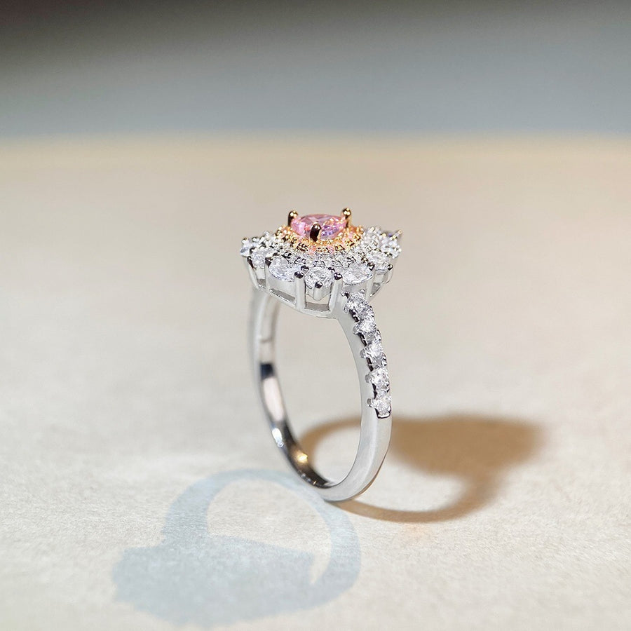 Halo 925 Sterling Silver Zircon Heart Ring in Blush Pink with heart-shaped stone