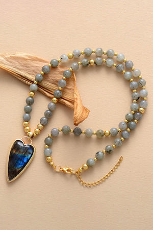 Bead pendant necklace with heart-shaped labradorite and gold accents