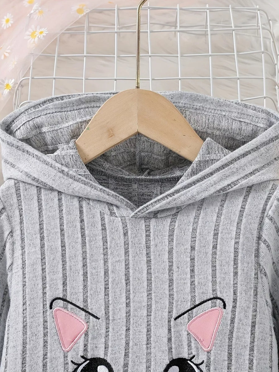 Children's Ribbed Knit Hooded Top And Pants Set in Light Gray