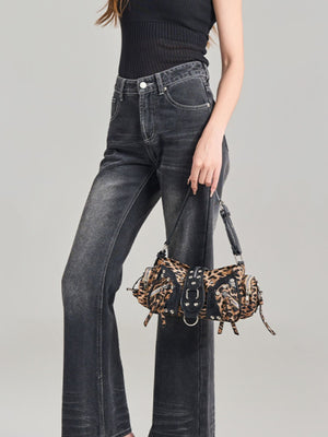 tan PU Leather Imported Size & shoulder bag with leopard-print and zip