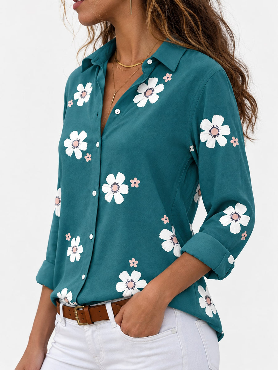Full Size Floral Print Button-Down Shirt Plus Size in Grey with buttoned
