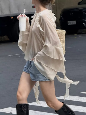 ivory blouse with sheer and bell sleeve