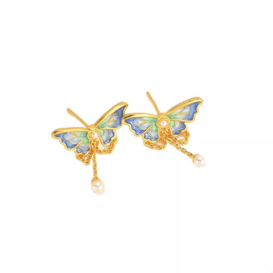 18K gold-plated butterfly earrings in cerulean with pearl drop charms