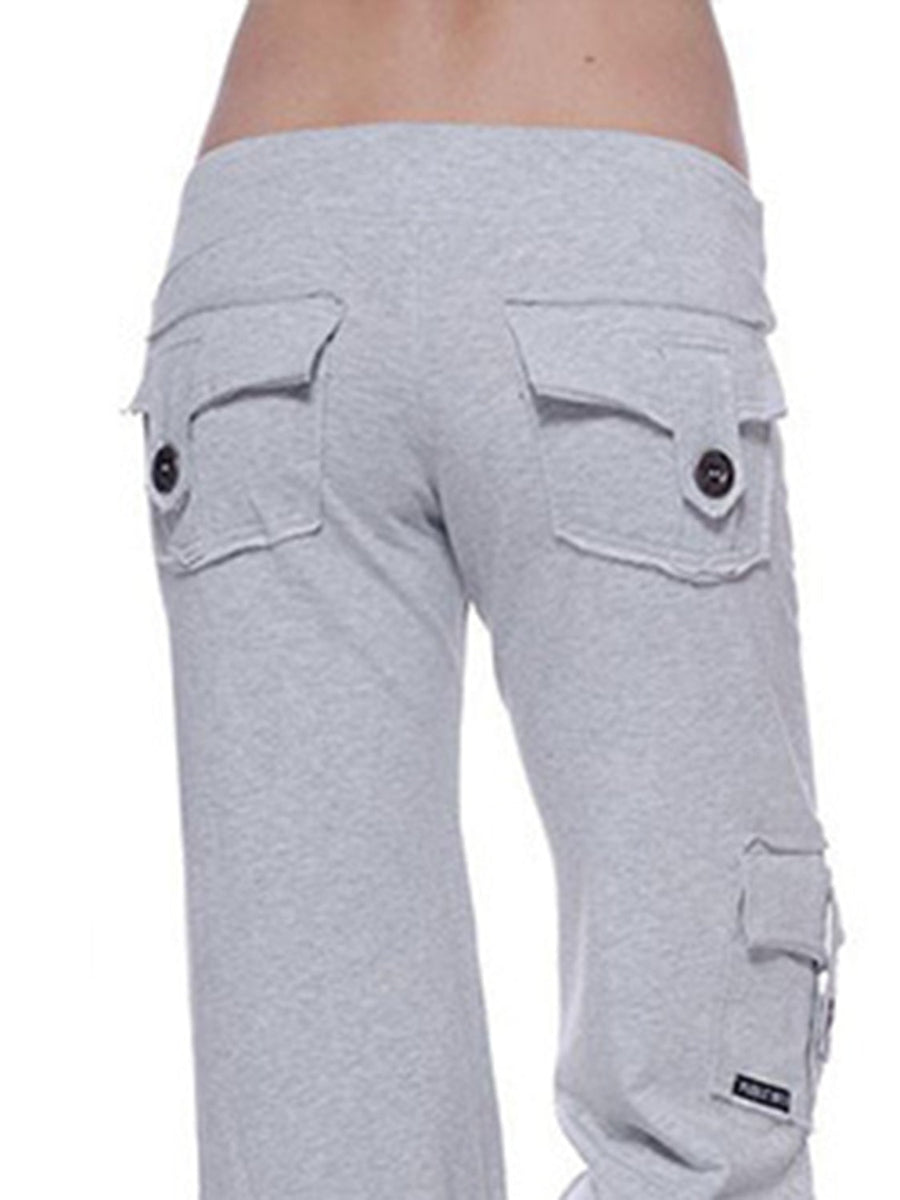 Heather Gray cargo-inspired wide-leg drawstring trousers with button flap back pockets.