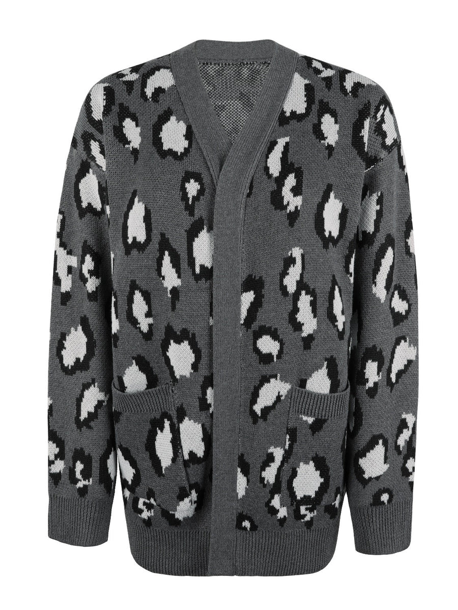 Dark Gray leopard print open-front knit cardigan with pockets.