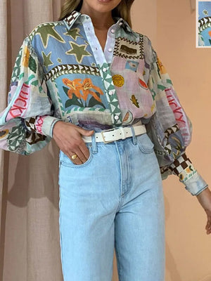 light blue button-up shirt with patchwork and collared