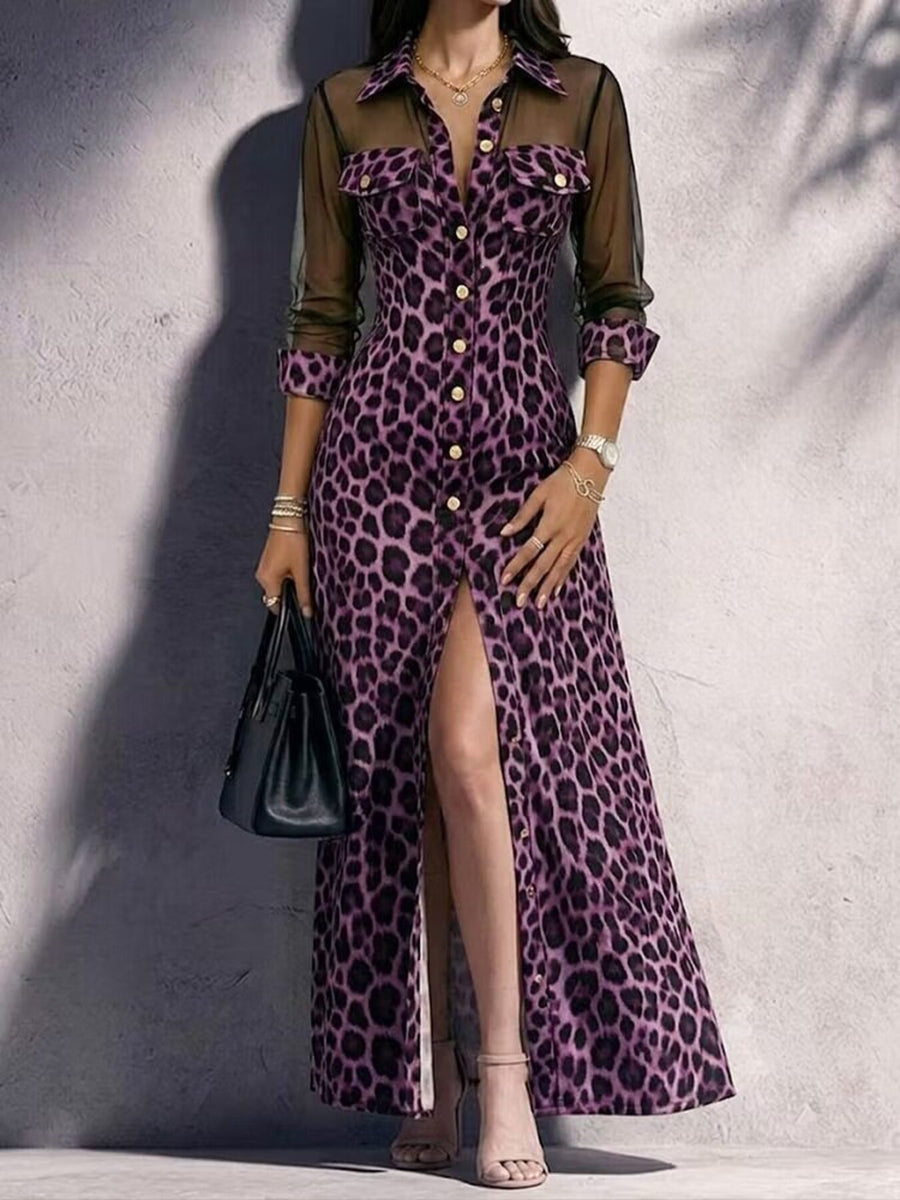 purple shirt dress with leopard and collared