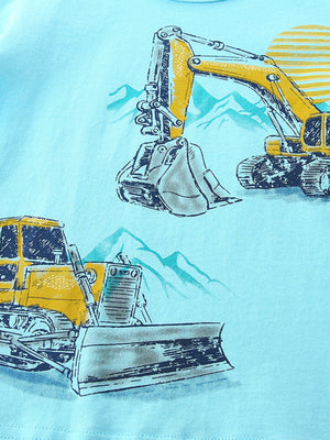 Toddler t-shirt in light blue with excavator and bulldozer graphic print.