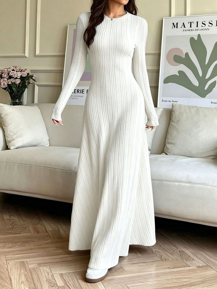 light gray sweater dress with ribbed and long sleeve