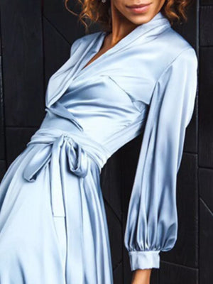 Satin Surplice Long Sleeve Mini Dress in Blue with tied waist