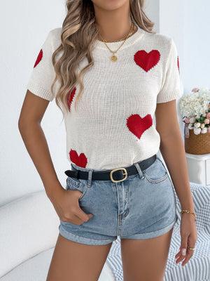 Cream knit short sleeve sweater with red hearts