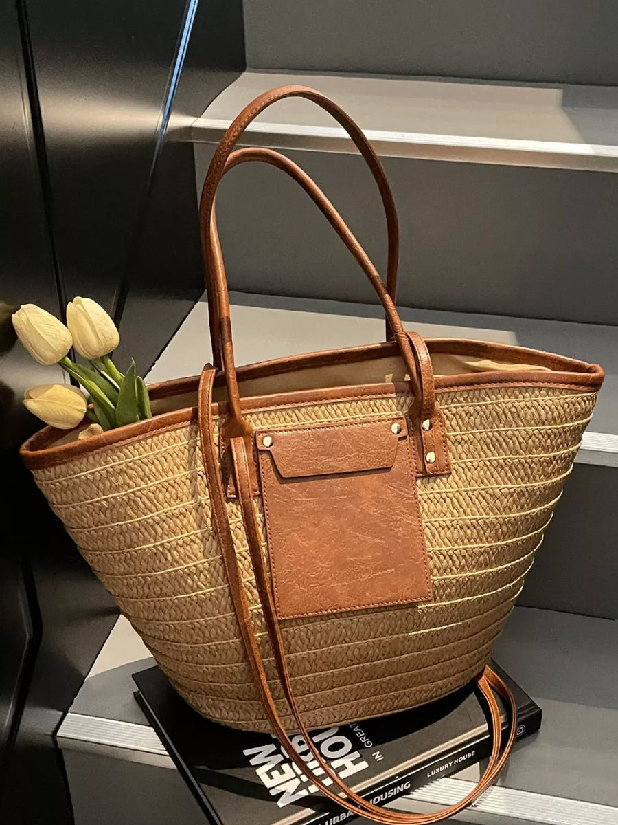 Straw Woven Shoulder Bag With Leather Accents option 6