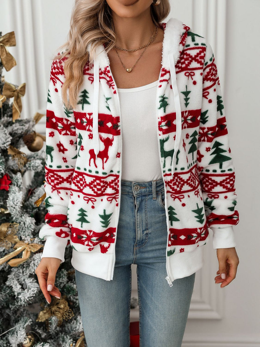 White fleece zip-up hoodie with festive Fair Isle pattern of deer and trees.