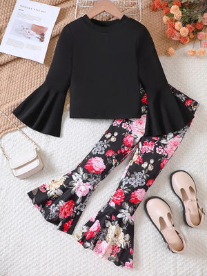 Black flared sleeve top with floral bell bottom pants for baby girls.