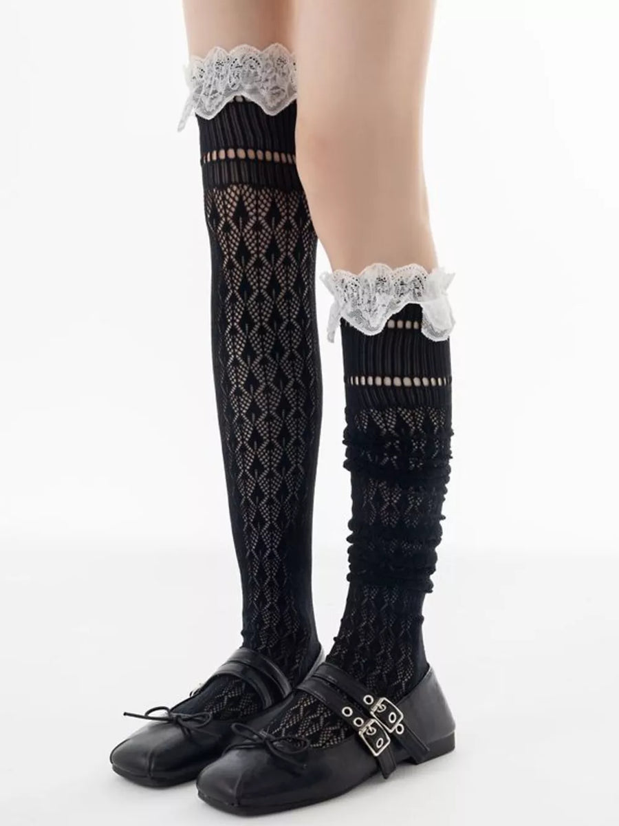 Milk White stockings featuring lace trim and geometric