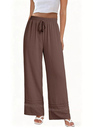 Brown maternity wide-leg pants with drawstring and lace trim detail