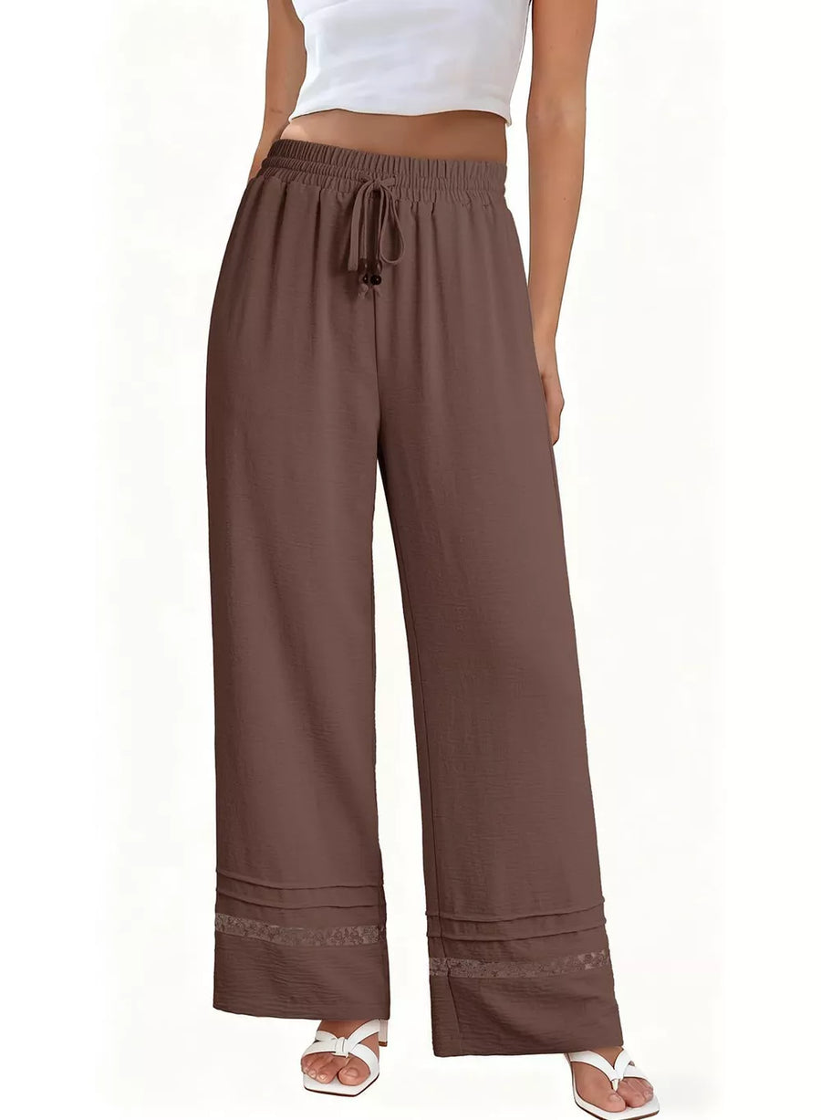 Brown maternity wide-leg pants with drawstring and lace trim detail