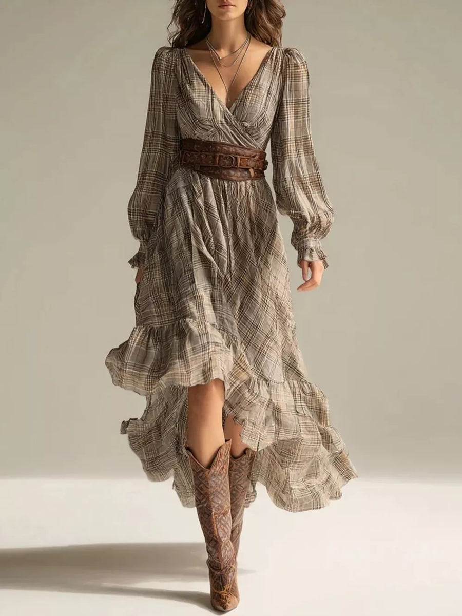 light brown wrap dress with plaid and deep v-neck
