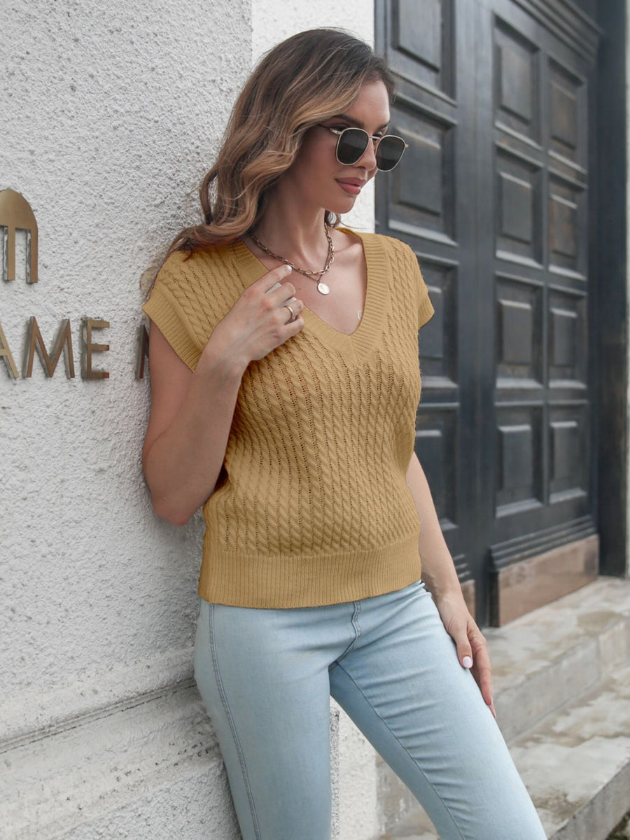 Khaki cable knit V-neck sleeveless sweater top with textured pattern