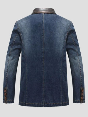 Men's denim blazer in blue with a leather collar and button cuffs.