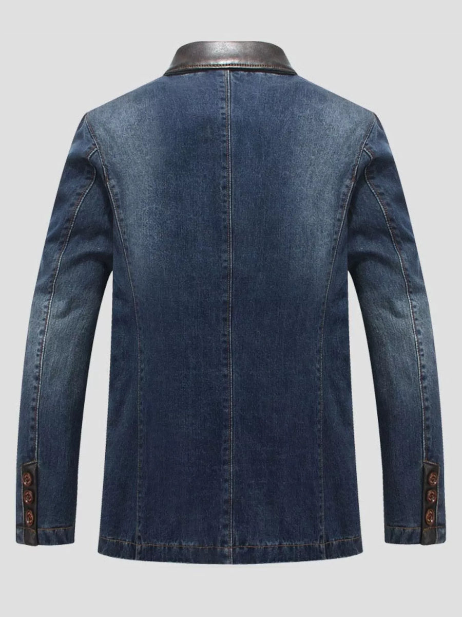 Men's denim blazer in blue with a leather collar and button cuffs.