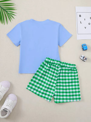 Baby cotton set with light blue t-shirt and green gingham shorts