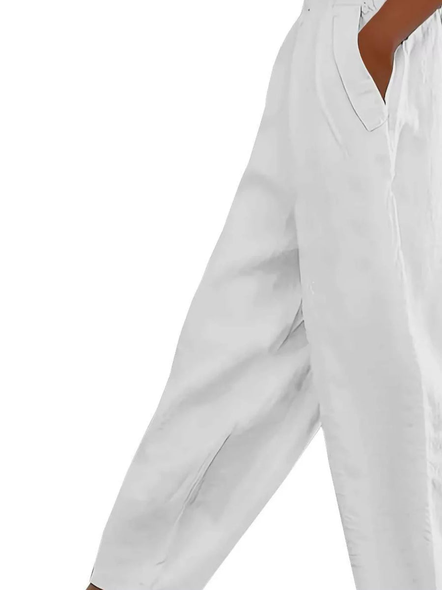 White maternity wide-leg pants with pockets, showing a relaxed fit and comfortable fabric.
