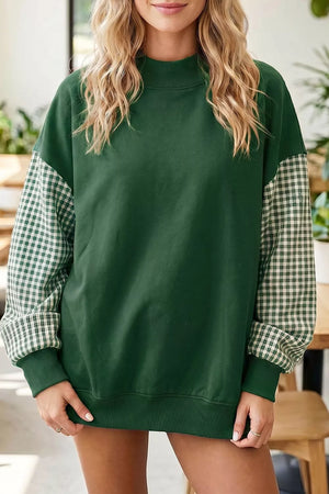 forest green sweatshirt with gingham and mock neck