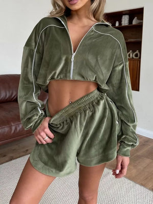 Zip-up Outerwear And Shorts Set in Yellow with contrast stitching
