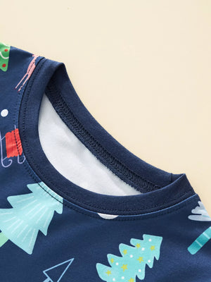 Children's navy pajama set with Christmas trees and festive details, crew neck.