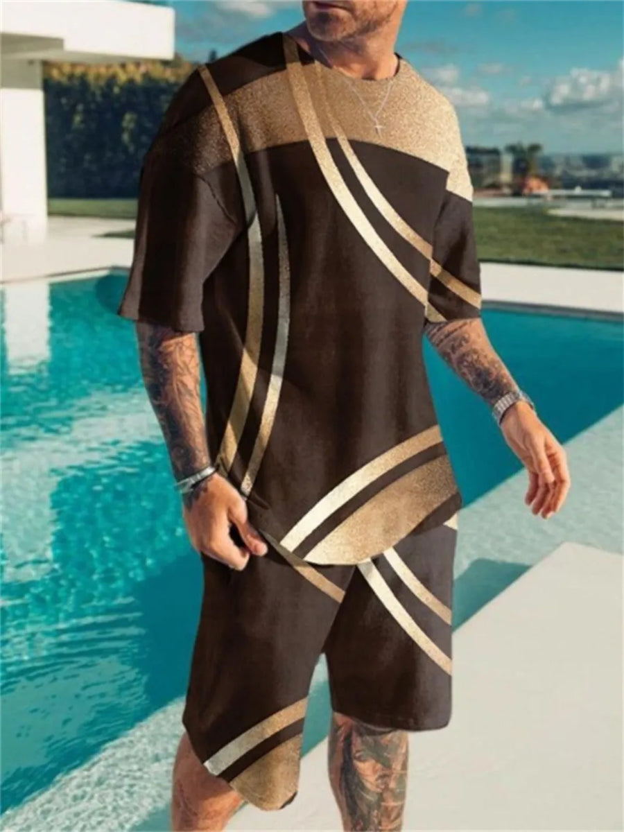 Men's brown graphic print t-shirt and shorts set with gold stripe accents.