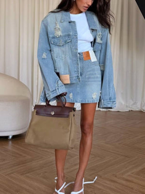 95% cotton, 5% spandex Care instructions: Machine wash cold denim set in Light Blue with oversized jacket, A-line skirt