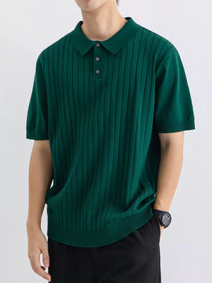 Wood green ribbed knit polo shirt for men with short sleeves and button placket.