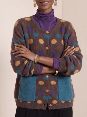Mustard cardigan with hip-length and button-front