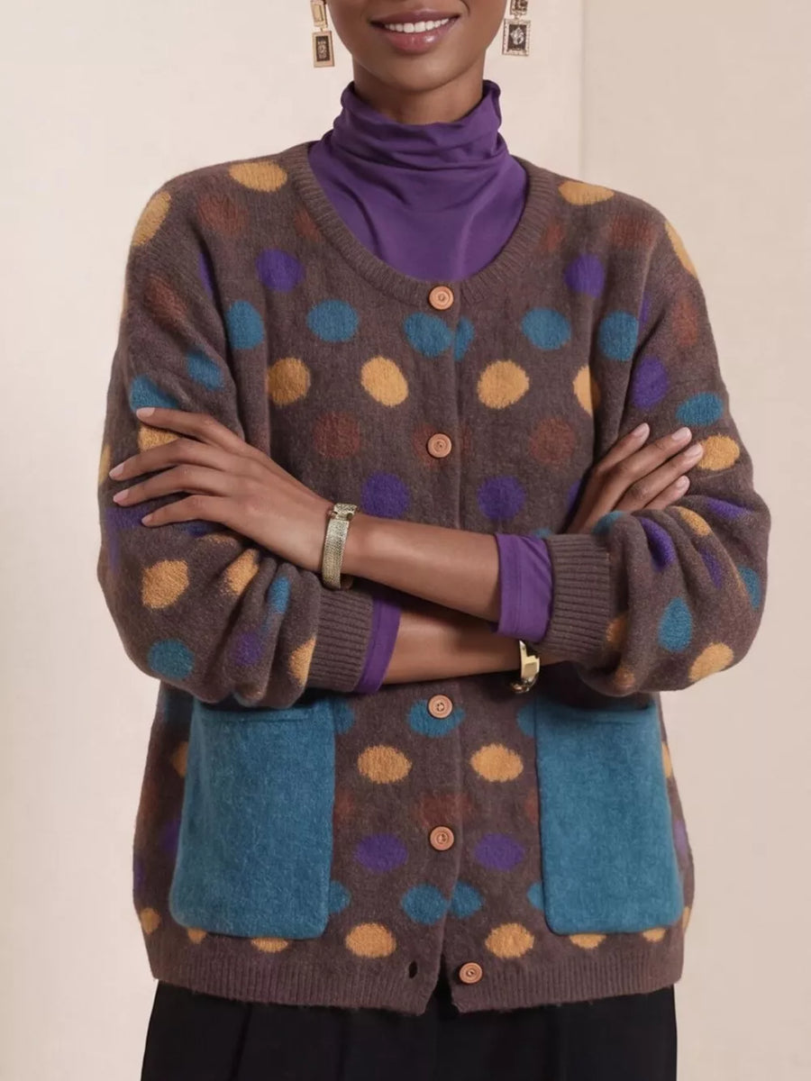 Mustard cardigan with hip-length and button-front